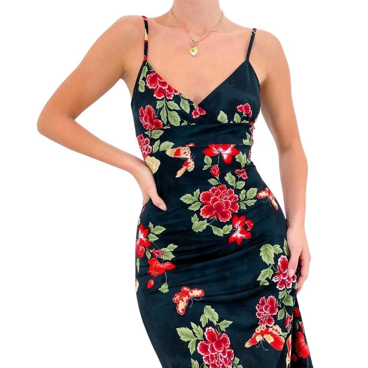 90s Vintage Black + Red Floral Print V-Neck Stretchy Dress [M]