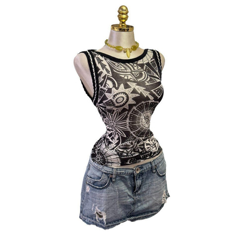 Y2K Vintage Black White Mesh Knit Sleeves Top [M]