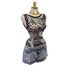 Y2K Vintage Black White Mesh Knit Sleeves Top [M]