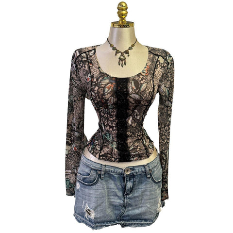 Y2K Vintage Pink Silver Sequin Mesh Top  [M]