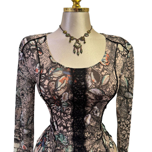 Y2K Vintage Black Blue Floral Mesh Long Sleeve Top [S]