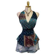 90s Vintage Blue Purple Halter Paisley Top [L]