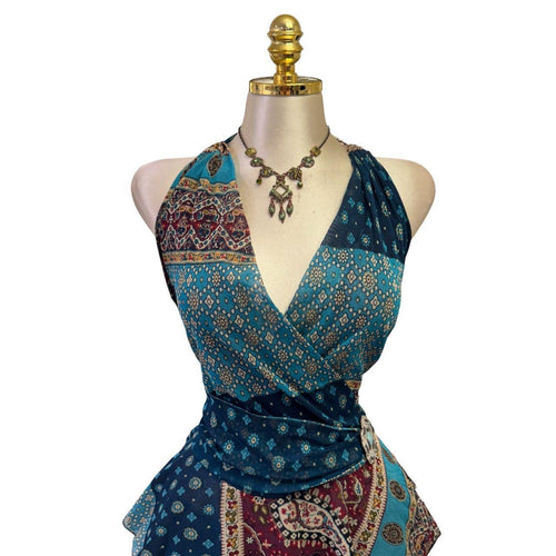 90s Vintage Blue Purple Halter Paisley Top [L]