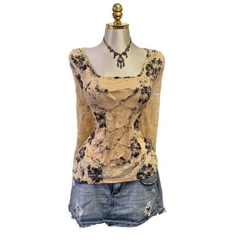 90s Vintage Beige Black Floral Lace Sheer Long Sleeve Top  [L]