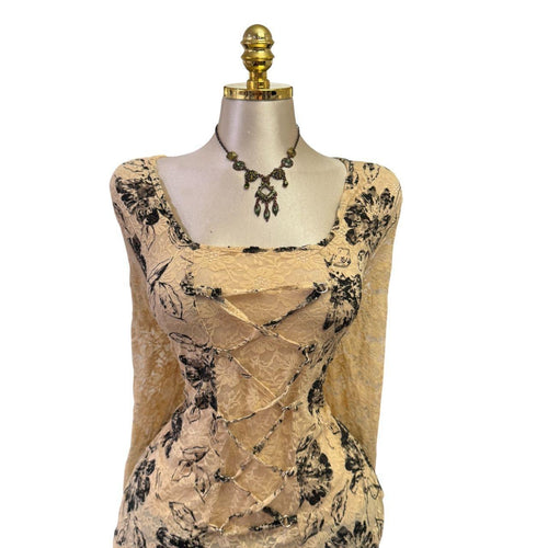 90s Vintage Beige Black Floral Lace Sheer Long Sleeve Top  [L]