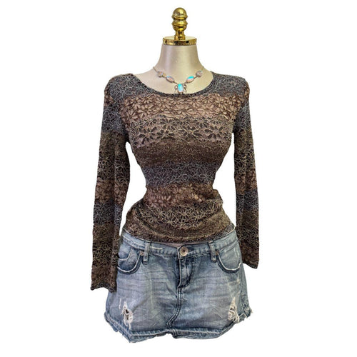 Y2K Vintage Vernal Paris Brown Blue Floral Lace Top [M]