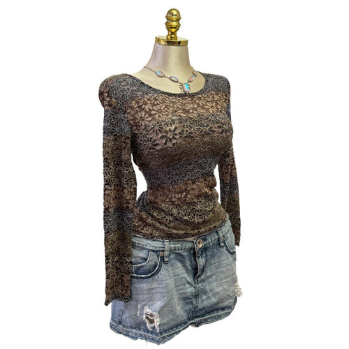 Y2K Vintage Vernal Paris Brown Blue Floral Lace Top [M]