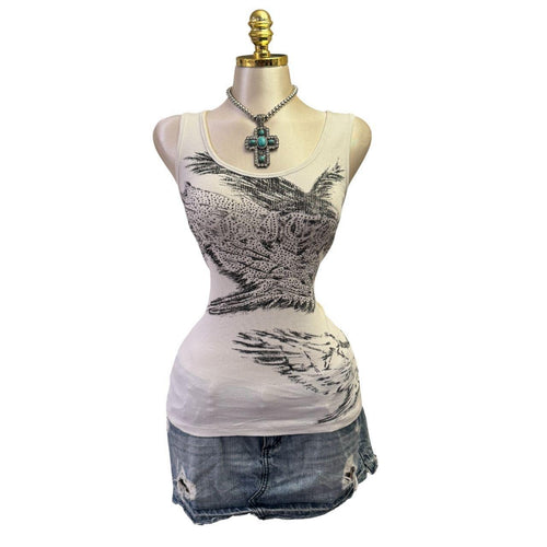 Y2K Vintage White Black Bejeweled Bird Graphic Tank Top [S]