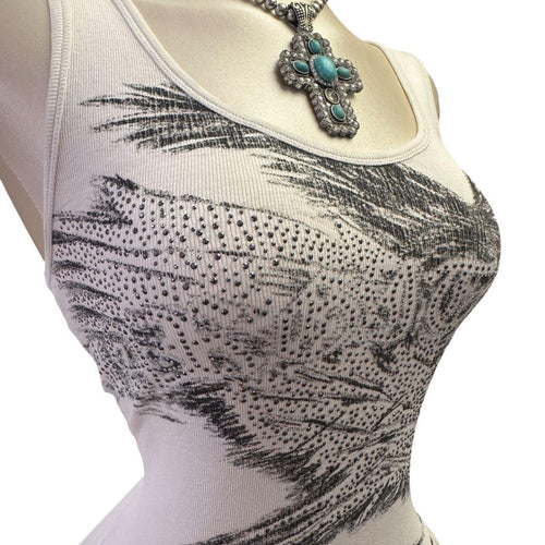 Y2K Vintage White Black Bejeweled Bird Graphic Tank Top [S]