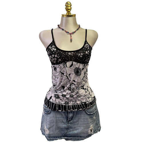 90s Vintage Black White Floral Top [S]