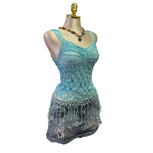 90s Vintage Blue Mermaid Crochet Pearls Top [S]