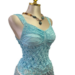 90s Vintage Blue Mermaid Crochet Pearls Top [S]