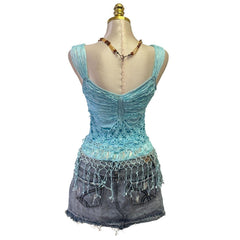 90s Vintage Blue Mermaid Crochet Pearls Top [S]