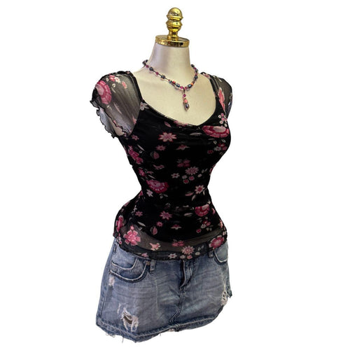 90s Vintage Black Pink Floral Mesh Top