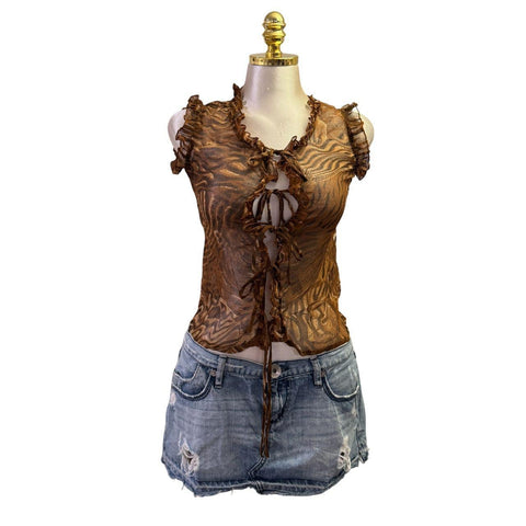 Y2K Vintage Desigual Red Black Beaded Sequin Asymmetrical Neck Top [S]