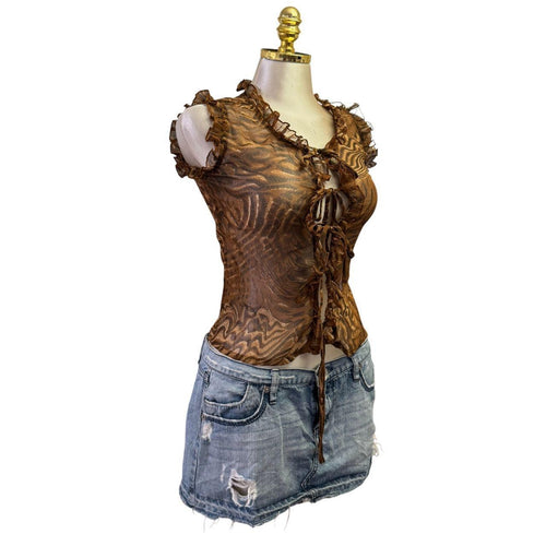 90s Vintage Tiger Sheer Ruffles Tie Closing Top [XS]