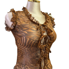 90s Vintage Tiger Sheer Ruffles Tie Closing Top [XS]