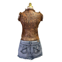 90s Vintage Tiger Sheer Ruffles Tie Closing Top [XS]