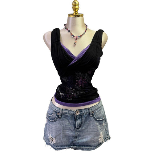 90s Vintage Purple Black Layered Bedazzled Top  [XS]