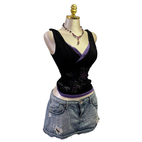 90s Vintage Purple Black Layered Bedazzled Top  [XS]