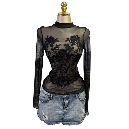 Y2K Vintage Black Floral Mesh Embroidered Top [M]