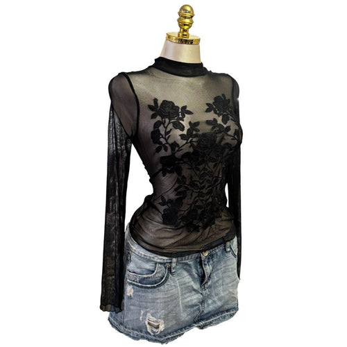 Y2K Vintage Black Floral Mesh Embroidered Top [M]