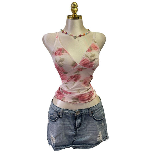 90s Vintage Pink Rose Floral Mesh Top [S]