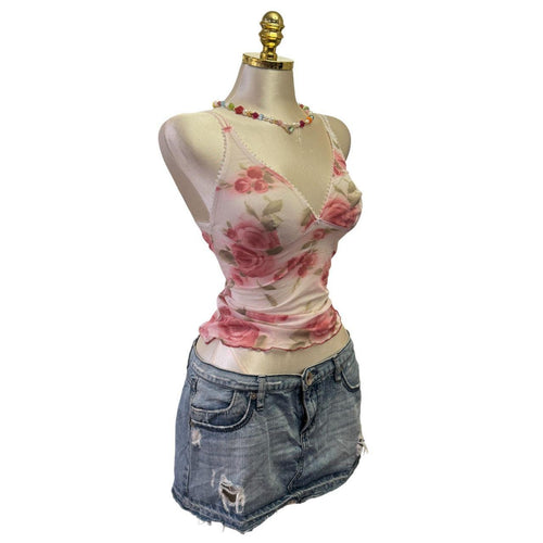 90s Vintage Pink Rose Floral Mesh Top [S]