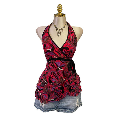 90s Vintage White Mesh W/ Black Red Beige Tie-dye Lining Top  [L]