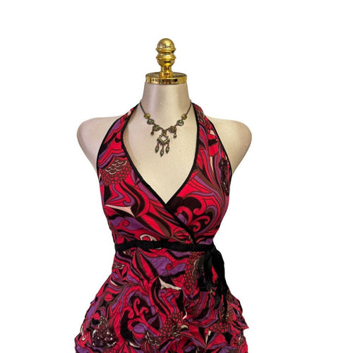 90s Vintage Red Purple Satin Purple Black Sequin Top  [L]