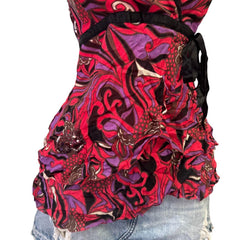 90s Vintage Red Purple Satin Purple Black Sequin Top  [L]