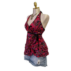 90s Vintage Red Purple Satin Purple Black Sequin Top  [L]