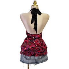 90s Vintage Red Purple Satin Purple Black Sequin Top  [L]