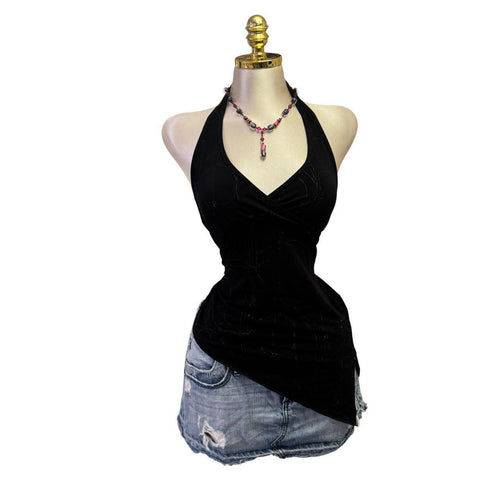 Y2K Vintage Black Glitter Halter Tank Top [S, M]