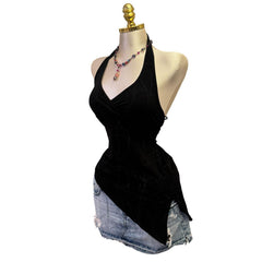 Y2K Vintage Black Glitter Halter Tank Top [S, M]