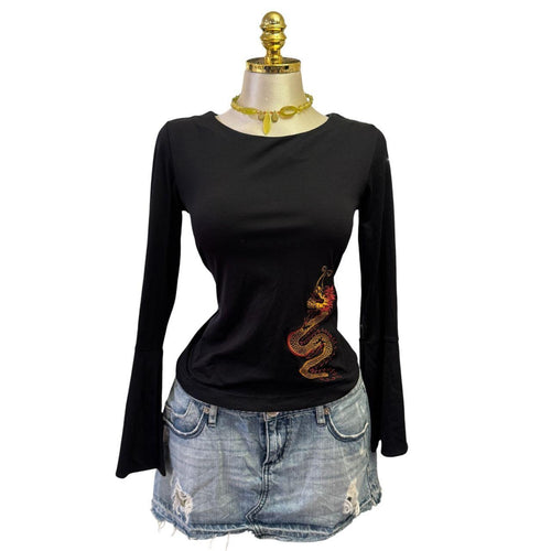 Y2K Vintage Black Dragon Orange Embroidered Top  [M]