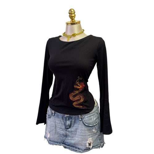 Y2K Vintage Black Dragon Orange Embroidered Top  [M]