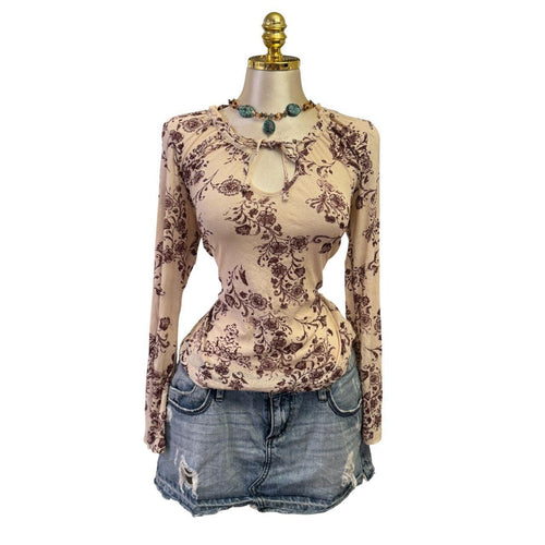 90s Vintage Beige Maroon Floral Boho Top  [L]