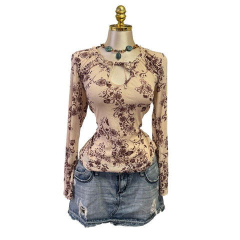 90s Vintage White Mesh W/ Black Red Beige Tie-dye Lining Top  [L]