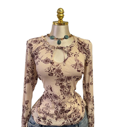 90s Vintage Beige Maroon Floral Boho Top  [L]