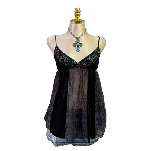 Y2K Vintage Black Grey Sequin Snake Sheer Top [S]