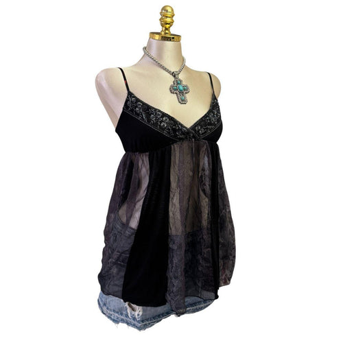 Y2K Vintage Black Grey Sequin Snake Sheer Top [S]