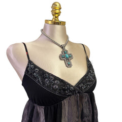 Y2K Vintage Black Grey Sequin Snake Sheer Top [S]
