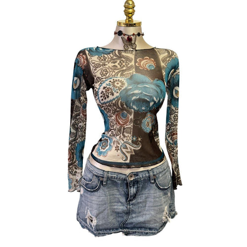 Y2K Vintage Teal Brown Floral Paisley Mesh Top [M]