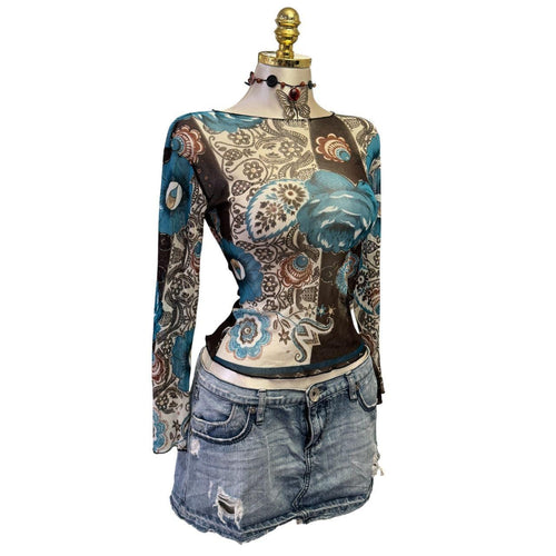 Y2K Vintage Teal Brown Floral Paisley Mesh Top [M]