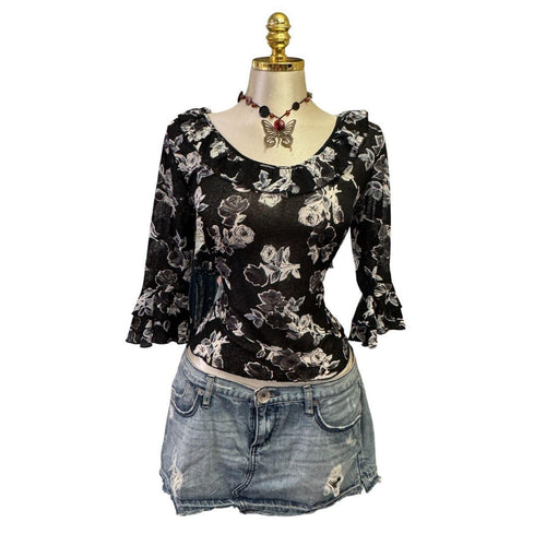 90s Vintage Black Gray Floral Sheer Top [L]