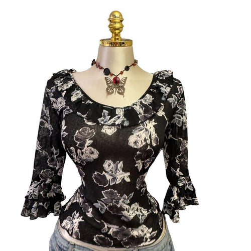 90s Vintage Black Gray Floral Sheer Top [L]