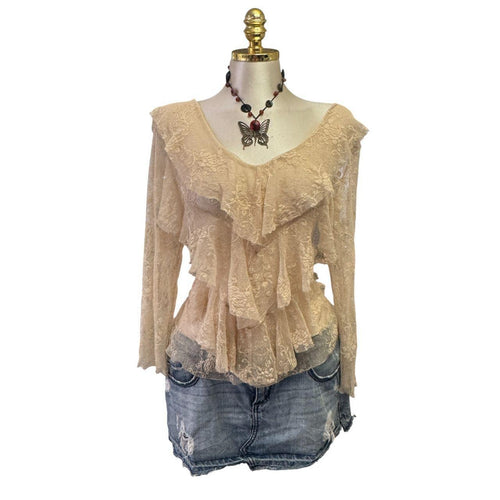 Y2K Vintage Ivory Floral Lace Ruffle Top [L]