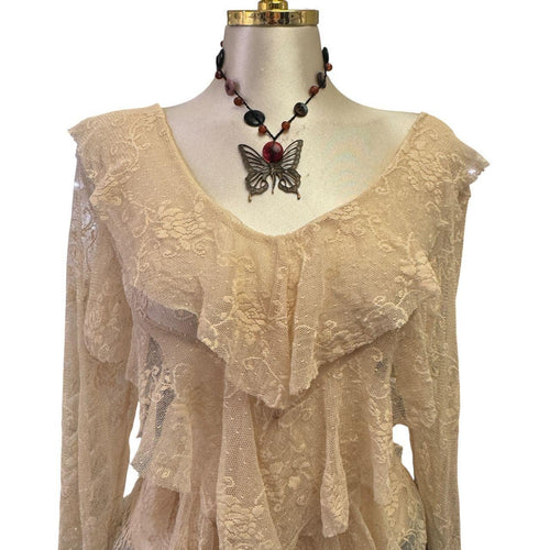 Y2K Vintage Ivory Floral Lace Ruffle Top [L]