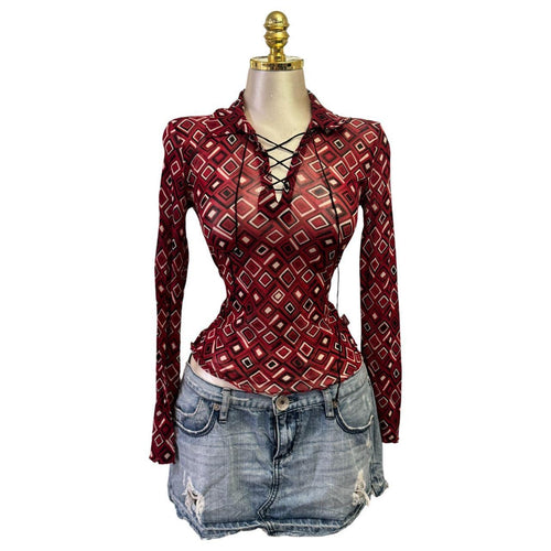 Y2K Vintage Red Black Diamond Geometric Mesh Top [M]